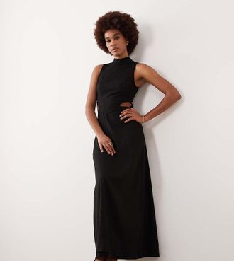 Asos Tall ASOS DESIGN Tall - Vestito accollato nero effetto lino con gonna al polpaccio e cut-out in vita