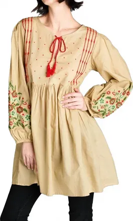 Velzera Floral Embroidered Peasant Mini Dress In Mocha