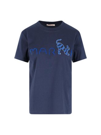 Marni Animal Aphabet Logo T-Shirt In Blue Cotton