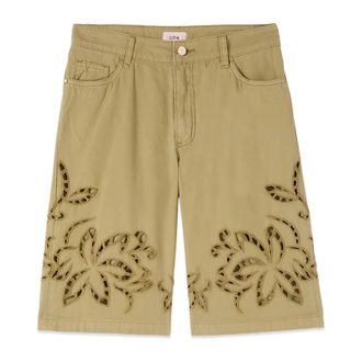 Oltre Katoenen Bermuda Shorts met Doorzichtige Borduurwerk - Dames - Korte Broeken - Groen - M - Katoen - Korte Broeken