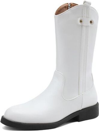 Generic Womens Mid-Calf Cowboy Boots Smooth PU Leather Round Toe Block Heels Side Zipper Metal Stud Detail Solid Color Durable Stylish Design,White,3.5 UK