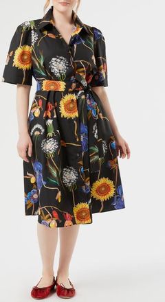 Marina Rinaldi Lacrima Floral Belted Cotton Shirtdress in Black at Nordstrom, Size 12 W
