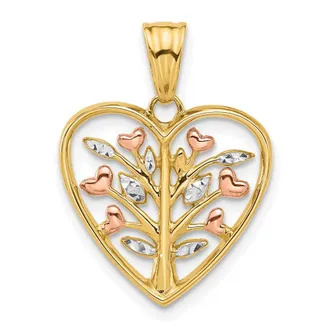 Diamond2Deal 14k Yellow Gold Rose-plated and White Rhodium Diamond-cut Tree in Heart Pendant