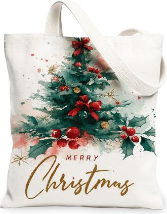Generic Festive Canvas Tote Bags, Merry Tree and Berry Pattern Reusable Grocery Bags, Stylish Holiday Lightweight Washable Shoulder Strap Canvas for Travel Pi