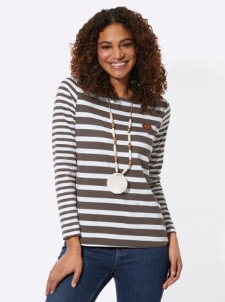 Casual Looks T-Shirt CASUAL LOOKS Shirt, Damen, Gr. 36, grau (dunkeltaupe, wei&szlig;, geringelt), 100% Baumwolle, gemustert, gestreift, mehrfarbig, Rundhals, Shirts T-S