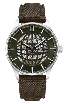 Kenneth Cole The Thompson Skeleton Automatic Nylon Strap Watch, 43.5mm in Dark Brown at Nordstrom