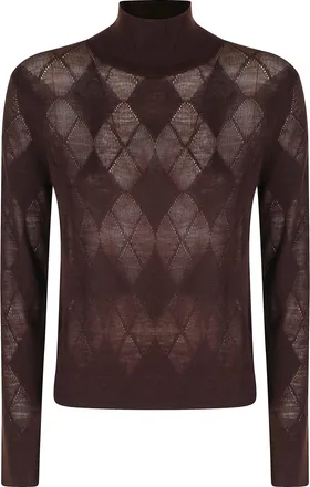 Ballantyne Brown Geometric Diamond Pattern Mid-Neck Wool Sweater