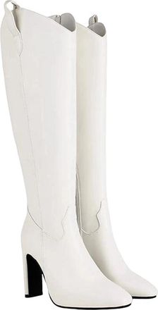 Generic Womens Fashion Knee High Boots Pointed Toe Super High Square Heel With Side Zipper For Wide Calf Fit Party Wear