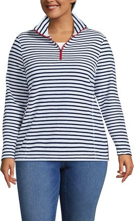 Lands End Anyweather Fleece Quarter Zip Pullover in Crisp White/navy Stripe/red at Nordstrom, Size 2X