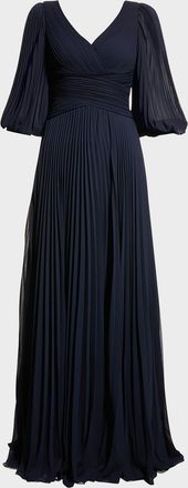 Teri Jon V-Neck Puff-Sleeve Pleated Chiffon Gown