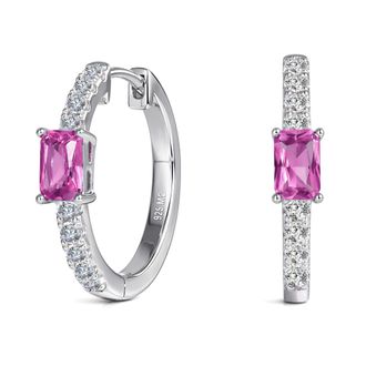 MAX + STONE 925 Sterling Silver Emerald Cut Round Gemstone Hoop Earrings with Cubic Zirconia