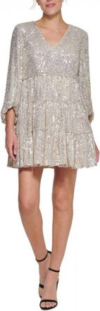 Eliza J Sequin Tiered Balloon Sleeve Dress In Silver