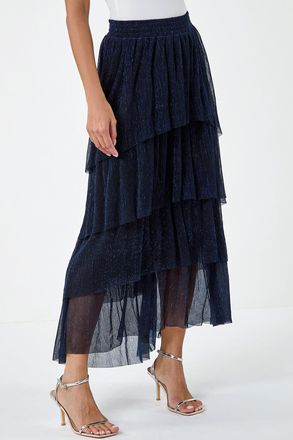 Roman Shimmer Tiered Mesh Maxi Skirt