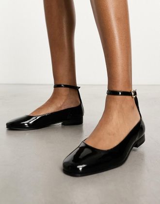 WALK LONDON Walk London Bella ankle strap ballerina flat in black leather