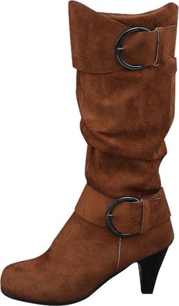 Generic Womens Cowboy Boots Slouchy Wedge Winter Mid Calf Boots Mid Heels Round Head Buckle Strap Side Zipper Casual Fashion Suede Vintage Warm Fall Winter La