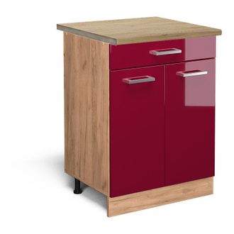 Vicco Mueble Bajo De Cocina R-line, Rojo Burdeos Alto Brillo, 60 Cm Con Caj&oacute;n, Et Roble Vicco