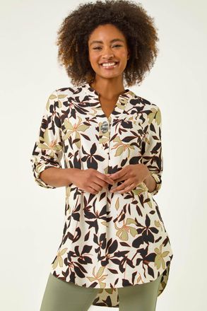 Roman Floral Buttoned V-Neck Top
