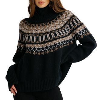 Sablyn Scottie Slouchy Fair Isle Cashmere Mock Neck Sweater In Black