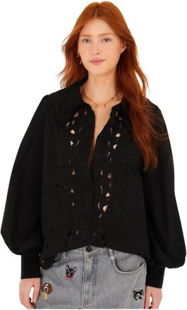 Farm Rio Geborduurde Blouse met Lange Mouwen en Knopen - Dames - Blouses - Zwart - S - Katoen - Overhemden