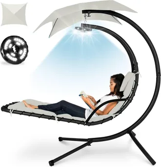 Best Choice Products Hanging LED-Lit Curved Chaise Lounge Chair for Backyard, Patio w/ Pillow, Canopy, Stand