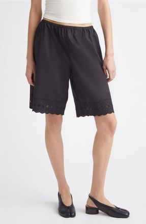 Sandy Liang Pepita Eyelet Trim Cotton Poplin Shorts in Black at Nordstrom, Size X-Small