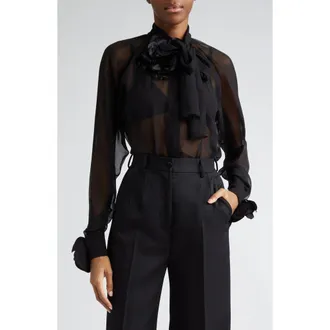 Dolce & Gabbana Floral Appliqu&eacute; Tie Neck Sheer Silk Shirt in Nero at Nordstrom, Size 42