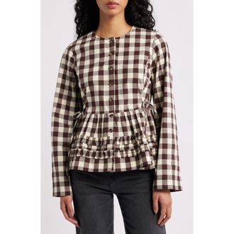 Damson Madder Madison Gingham Long Sleeve Organic Cotton Top in Butter/Brown at Nordstrom, Size 12 Us