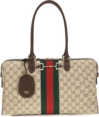 Gucci Womens Top Handle Bag Horsebit Web Vintage Sand-Dark Brown-Green Fabric Handbags Sand/dark Brown/green Hand