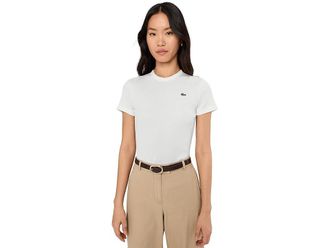 Lacoste Slim Fit Ribbed Cotton T-Shirt Womens Clothing Flour : 2 (EUR 34)