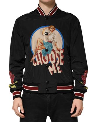 Dolce & Gabbana Black Pin Up Button Down Men Bomber Jacket Nylon Clothing