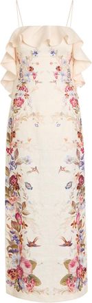 Zimmermann Patience Ruffled Floral Linen Midi Dress - Cream - 4 (UK 16 / XL)