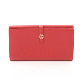 Chanel Red Color Leather Long Wallet (Bi-Fold) (Pre-Owned)