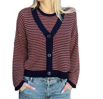Current Air Two Piece Cardigan And Sleeveless Sweater In Navy/pink