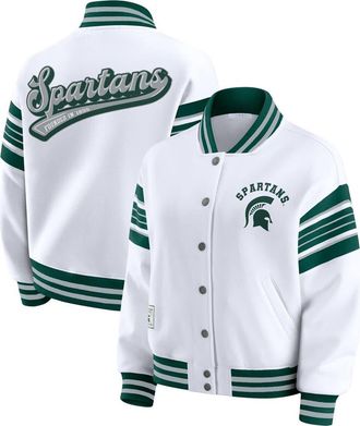 WEAR by Erin Andrews Womens WEAR by Erin Andrews White/Green Michigan State Spartans Satin Stitch Full-Snap Fleece Sweatshirt Jacket at Nordstrom, Size Xx-Large