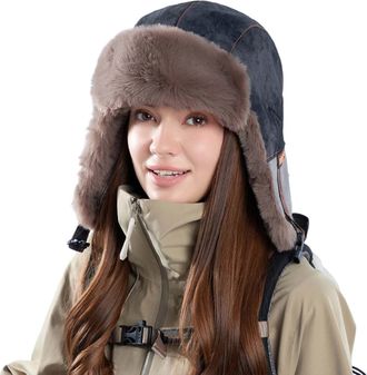 Generic Winter Trapper Hats for Women Bobble Hat with Ear Flaps Warm Fleece Lined Trapper Hats Knitted Windproof Cap Russian Aviator Hat Outdoor Cap for Skiin