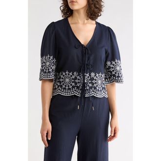 Ellen Tracy Eyelet Embroidered Tie Top in Navy at Nordstrom Rack, Size X-Small