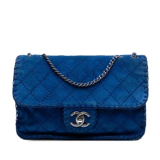 Chanel Blue Medium Quilted Suede Whipstitch Single Flap