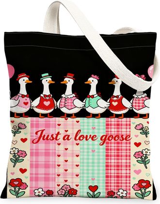 Generic ValentineS Geese Canvas Tote Bags, Cute Duck Pattern Reusable Grocery Bags, Lightweight Washable Shoulder Strap Canvas for, Black, 13x15 Inch