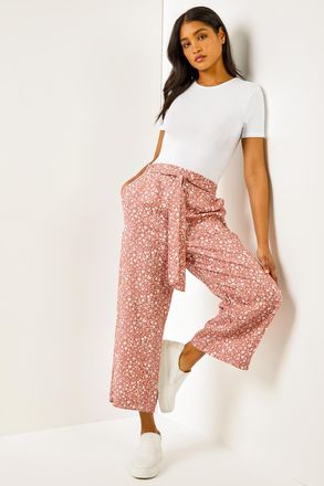 Roman Ditsy Floral Elastic Tie Waist Cropped Culottes