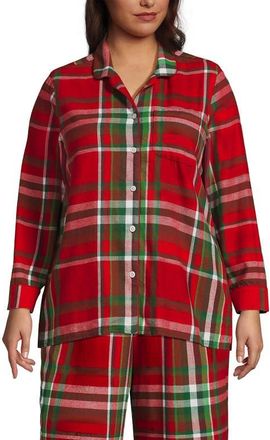 Lands End Plus Size Long Sleeve Print Flannel Pajama Top in Compass Red/emerald Plaid at Nordstrom, Size 3X