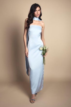 Oasis Womens Light Blue Bandeau Satin Bridesmaid Maxi Dress With Scarf - Size 16 UK