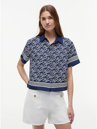 Tommy Hilfiger Womens Allover Script Monogram Voile Shirt - Navy - XL