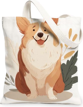 Generic Corgi Canvas Tote Bags, Cute Animal Floral Reusable Grocery Bags, Spring Vintage Lightweight Washable Shoulder Strap for Tr, White, 13x15 Inch