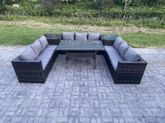 Fimous Wicker Outdoor Garden Furniture Rattan Lounge Sofa Set Patio Rectangular Dining Table 2 Side Table 9 Seater in Dark Grey