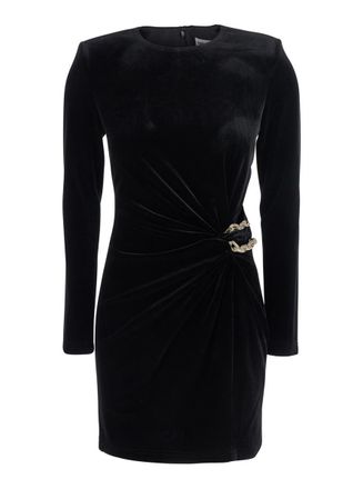 Self Portrait Black Crewneck Mini Dress With Twisted Detail And Chain Embellishment In Velvet Woman