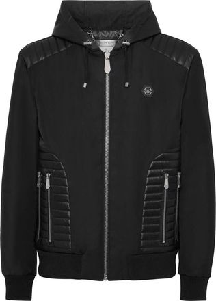 Philipp Plein Jassen, Heren, Zwart, L, Nylon, Nylon Hooded Jacket LS With Leather Inserts
