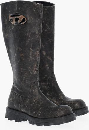 Diesel Acid-Wash Effect Leather Boots D-HAMMER with Chunky Sole 5cm size 36