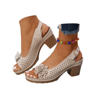 Generic Block Heel Sandals for Women Open Toe Ankle Strap Chunky High Heels Foral Sandals Casual Hollow Out Summer Dressy Sandal Slingback Chunky Block Heel D