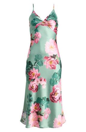 Emerald Sundae Floral Print Twist Front Satin Slipdress in Sage at Nordstrom, Size X-Small