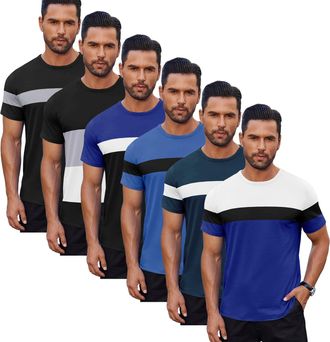 Generic Mens Short Sleeve Crew Neck T-Shirts 6 or 13 Pcs Soft Breathable Mix of Solid Colour, Gradient & Striped Tees Casual Summer Gym Essentials